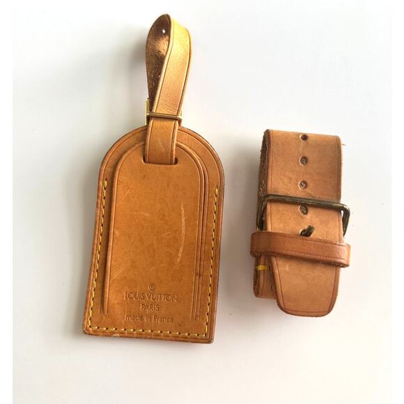 Authentic Louis Vuitton Vachetta Leather Name Luggage Tag And Poignet Set‎ SN408 - Picture 1 of 4